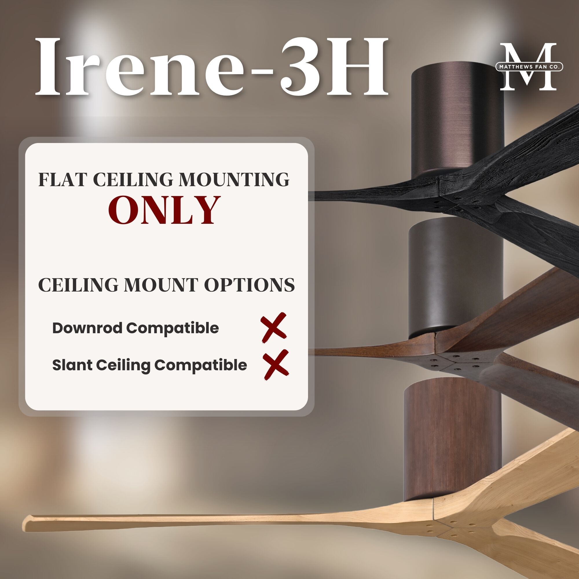 Atlas Irene-3H 52 inch Walnut Tone Flush Mount Paddle Fan, Flush Mounted