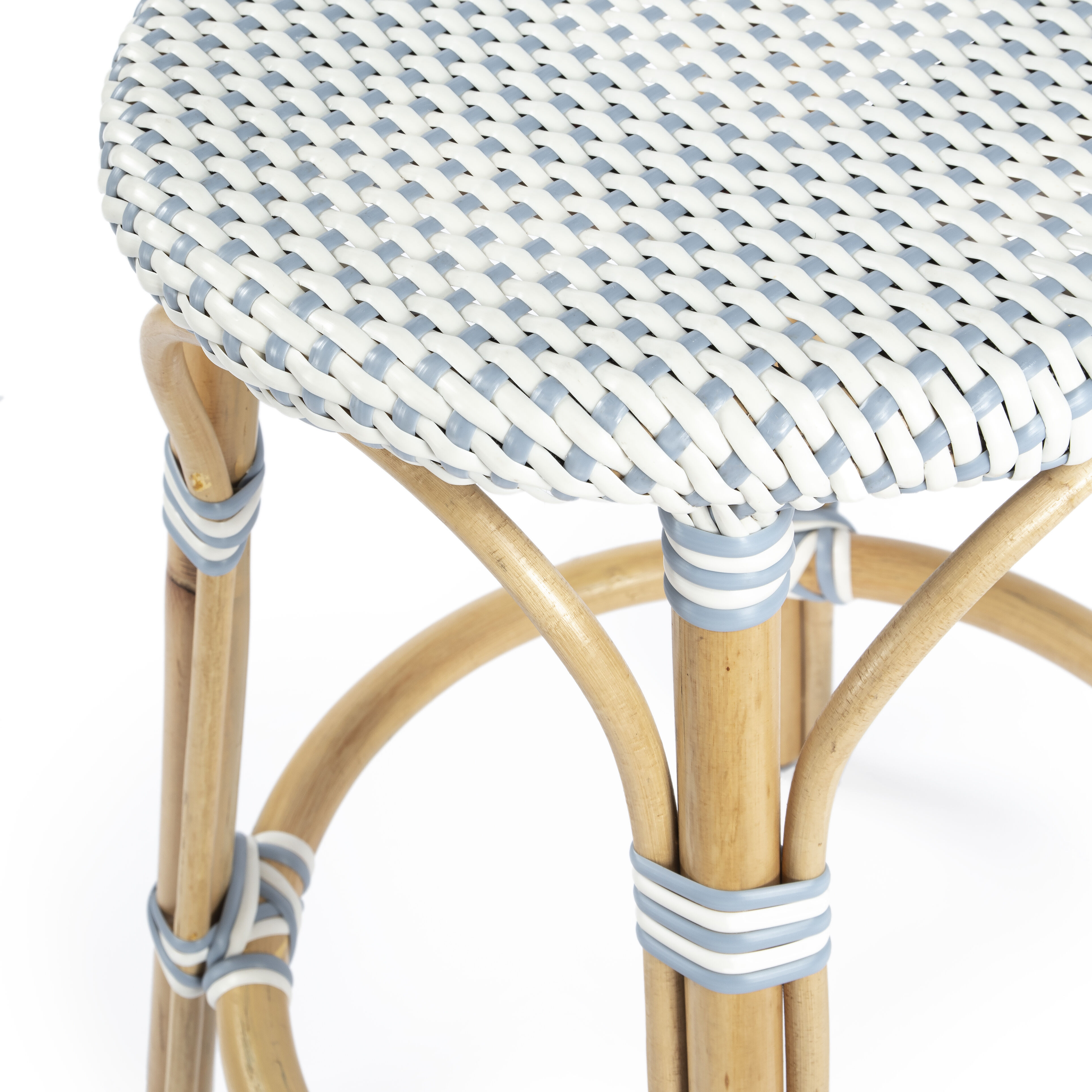 Tobias Rattan Round 24" Counter Stool in White and Sky Blue Dot