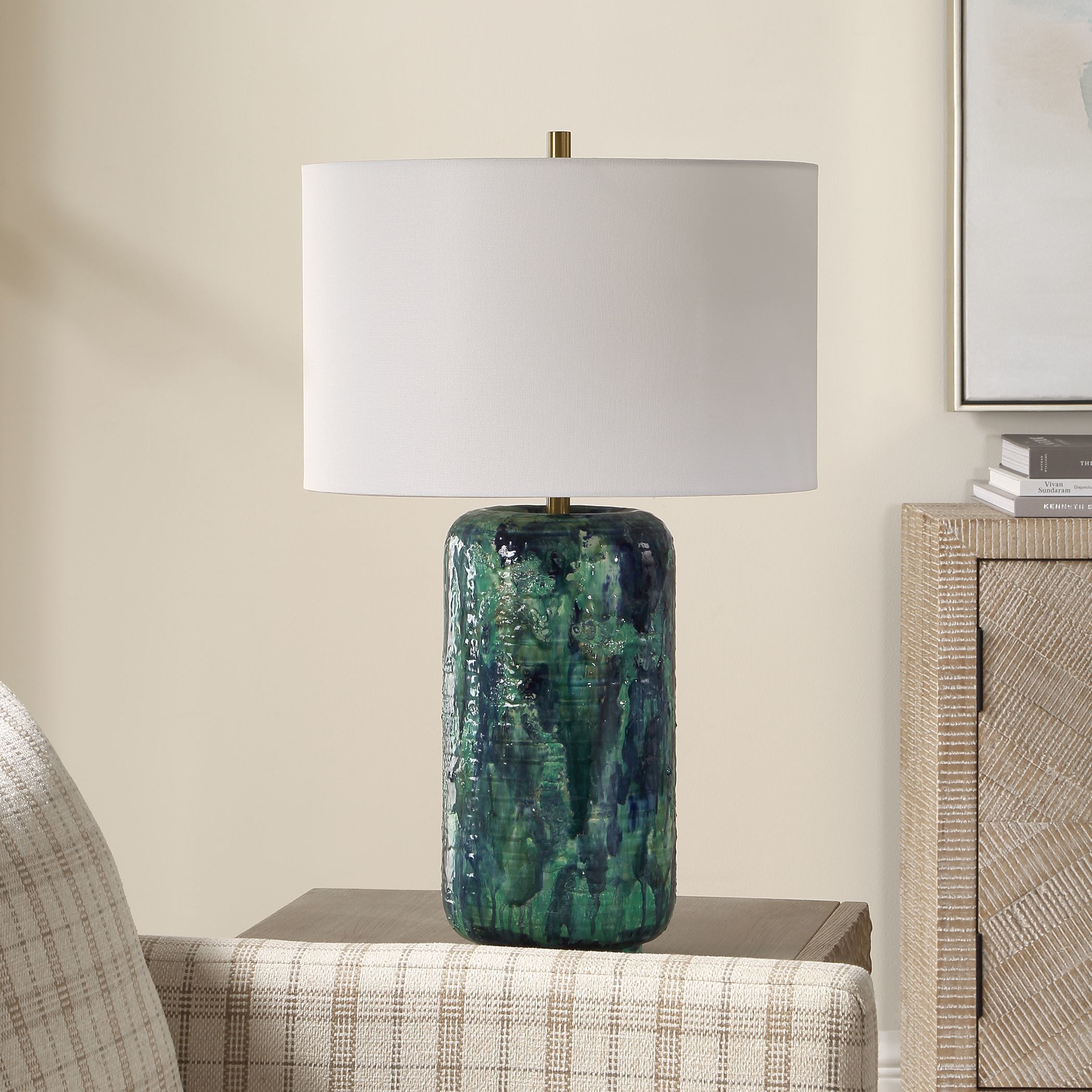Out Of The Blue 26 inch 150 watt Blue and Green with Antique Brass Table Lamp Portable Light