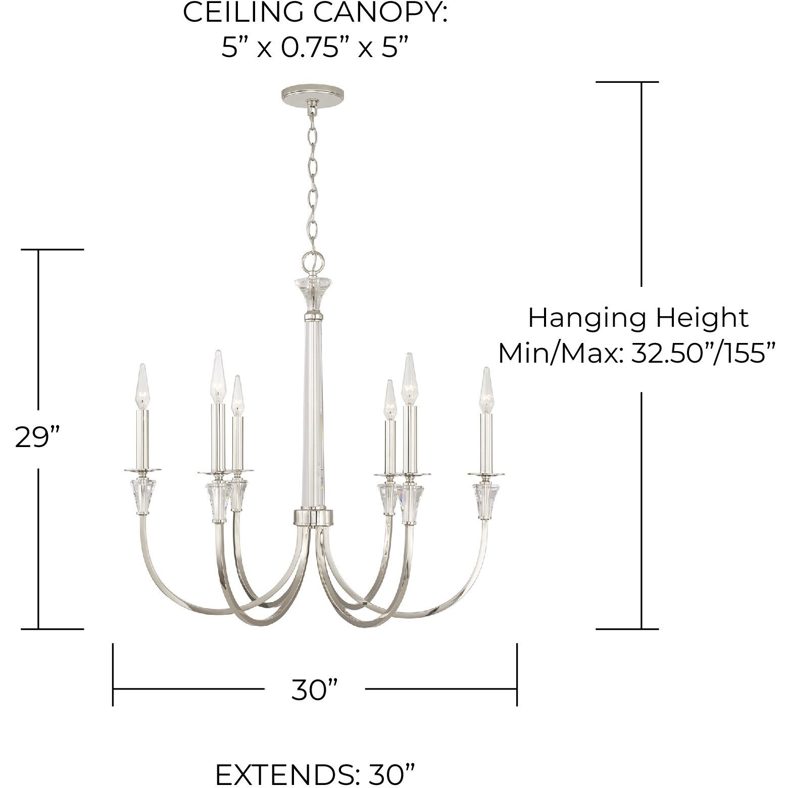 Laurent 6 Light 30 inch Polished Nickel Chandelier Ceiling Light