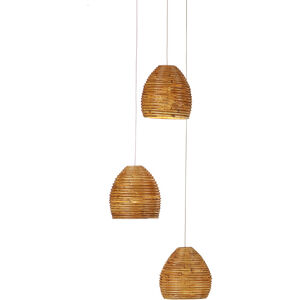 Beehive 3 Light 11.5 inch Natural Rattan and Silver Multi-Drop Pendant Ceiling Light