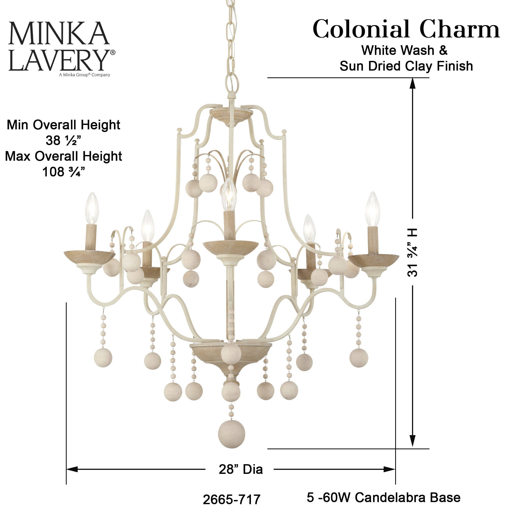 Colonial Charm 5 Light 28 inch White Wash and Sun Dried Clay Chandelier Ceiling Light