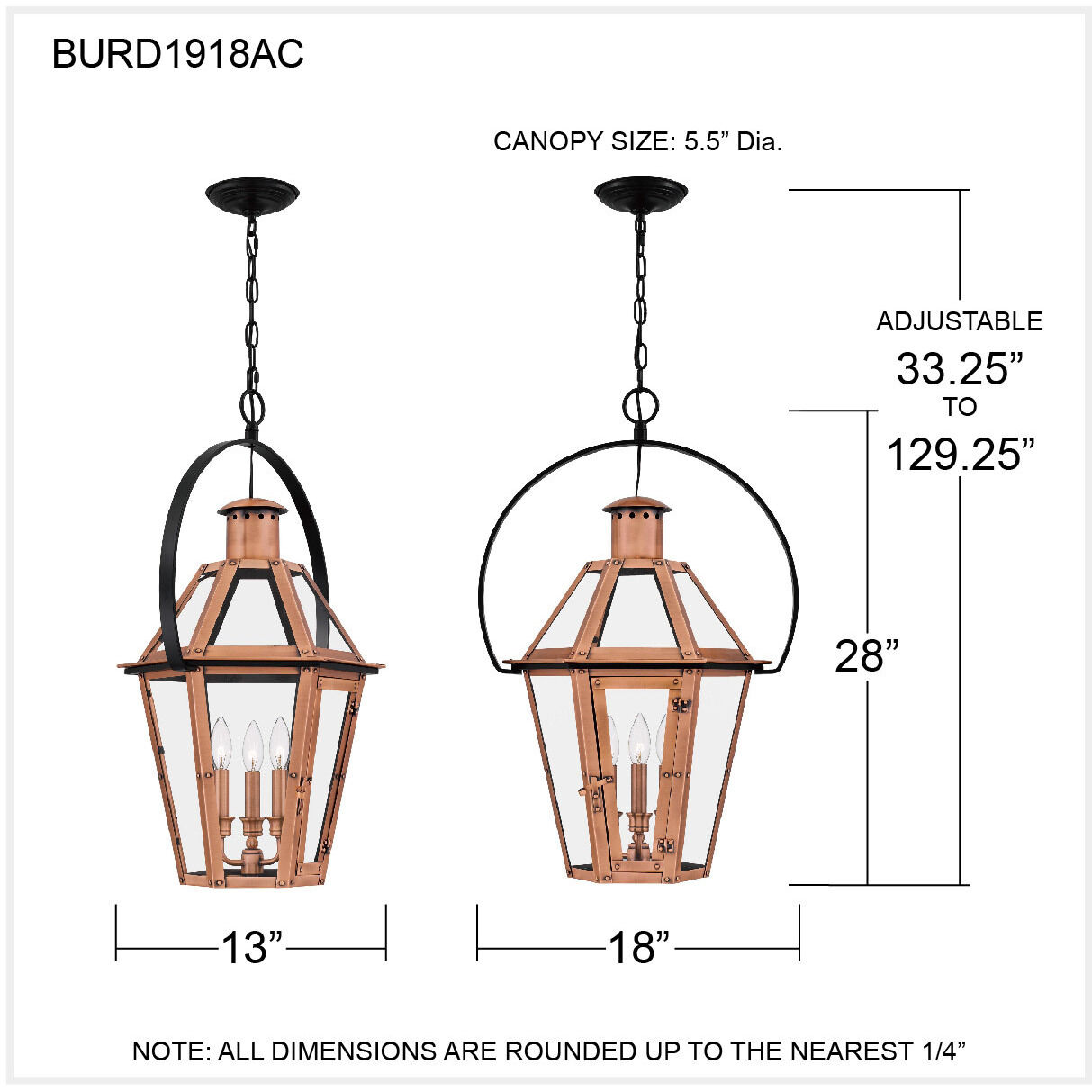 Burdett 3 Light 18 inch Aged Copper Outdoor Hanging Lantern