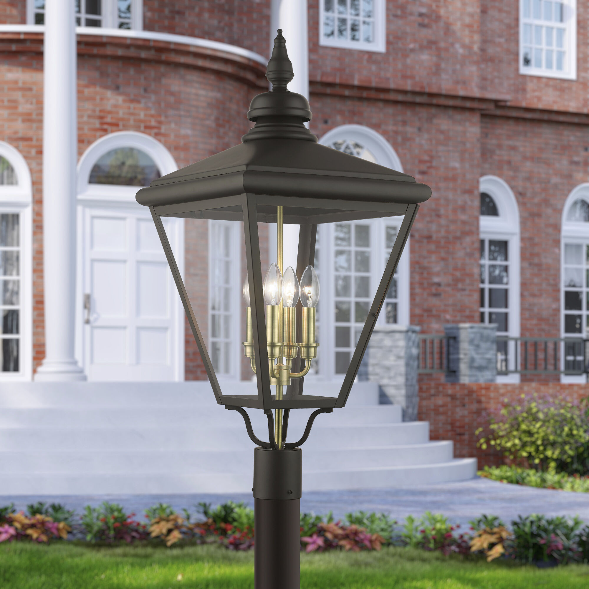 Adams 4 Light 31.5 inch Bronze with Antique Brass Finish Cluster Outdoor Extra Large Post Top Lantern