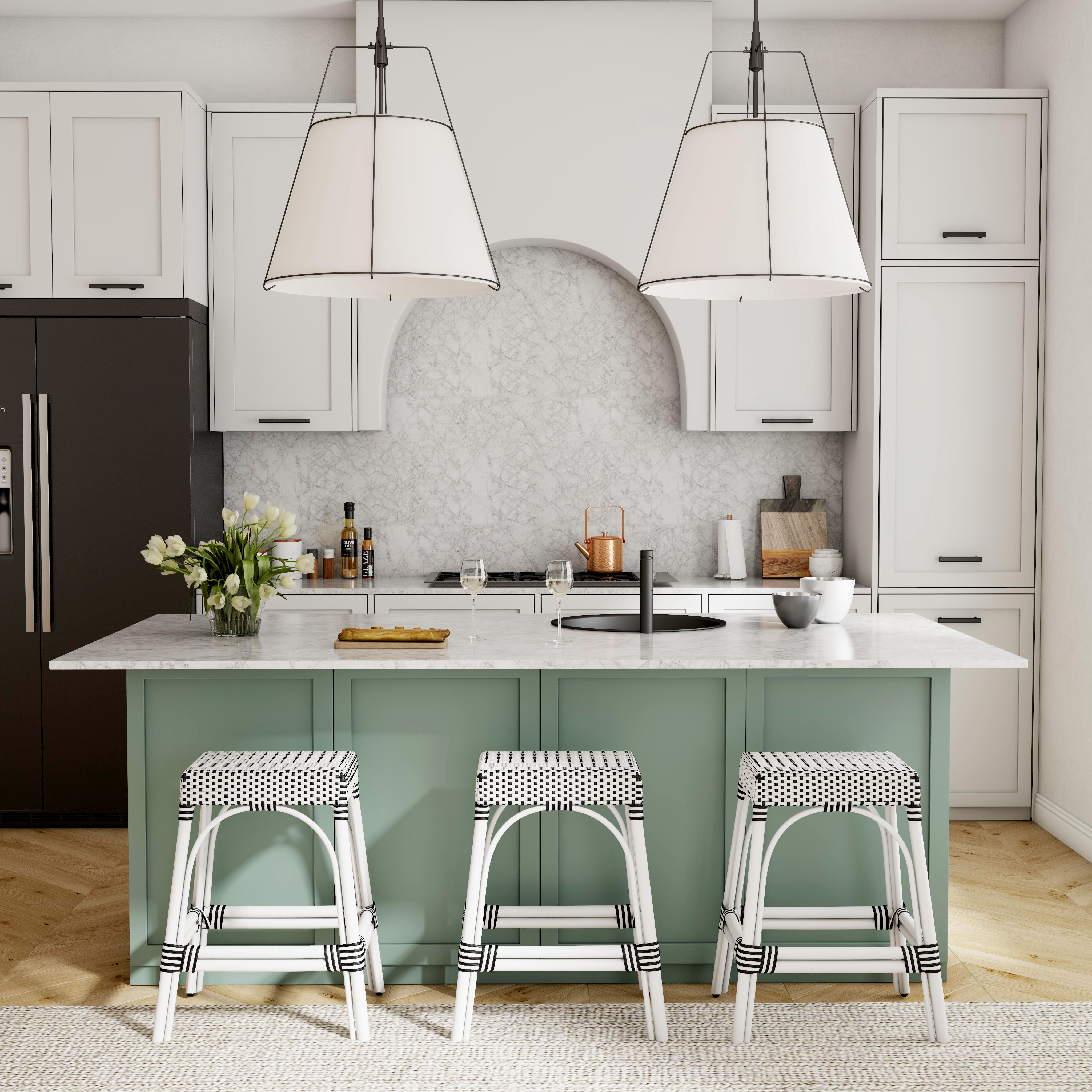 Robias Rectangular Rattan 24.5" Counter Stool in White and Black Dot