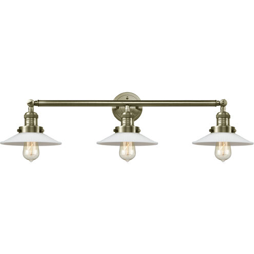 Franklin Restoration Halophane 3 Light 33 inch Antique Brass Bath Vanity Light Wall Light in Incandescent, Matte White Halophane Glass, Franklin Restoration