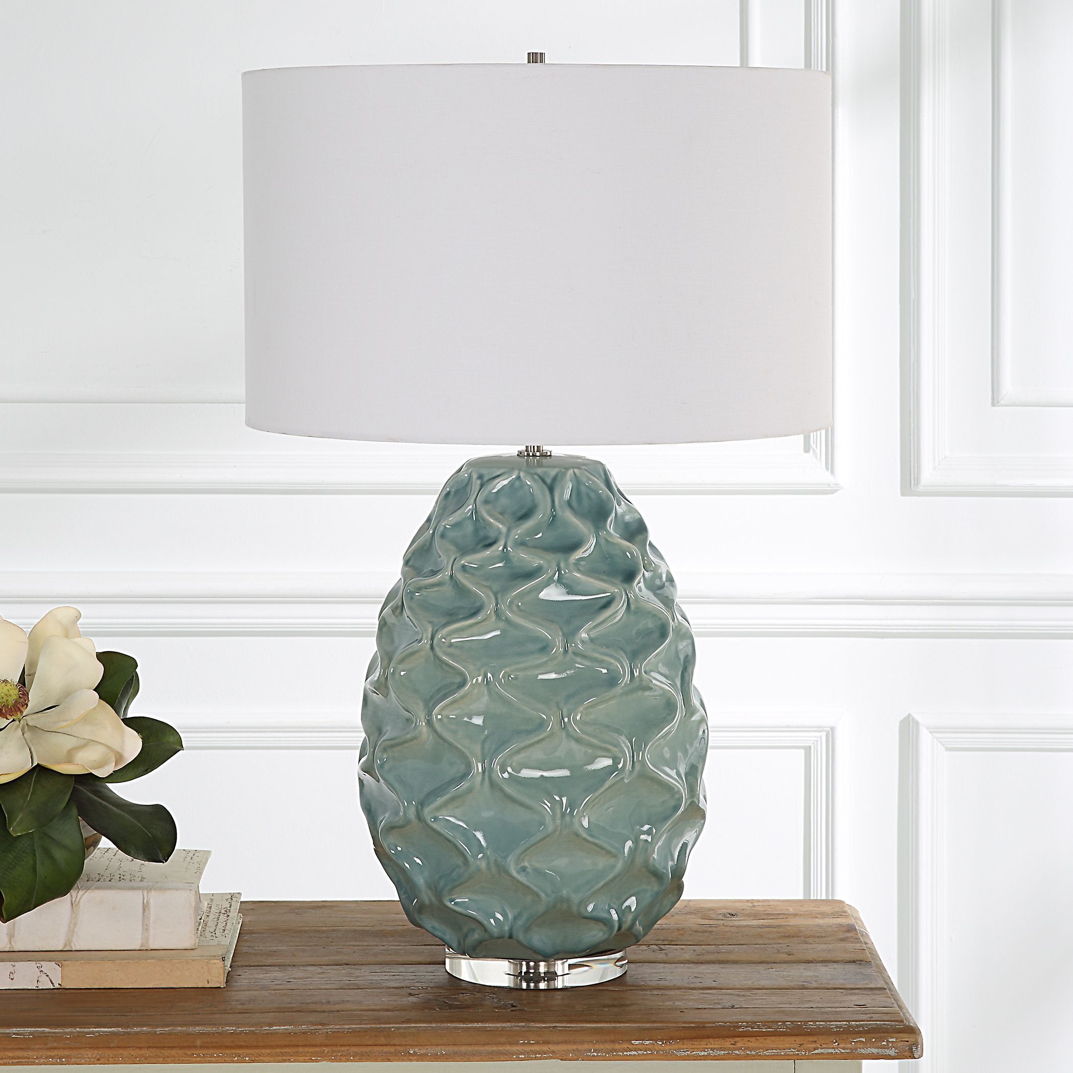 Laced Up 32.25 inch 150 watt Sea Foam Gloss Glaze and Crystal Table Lamp Portable Light