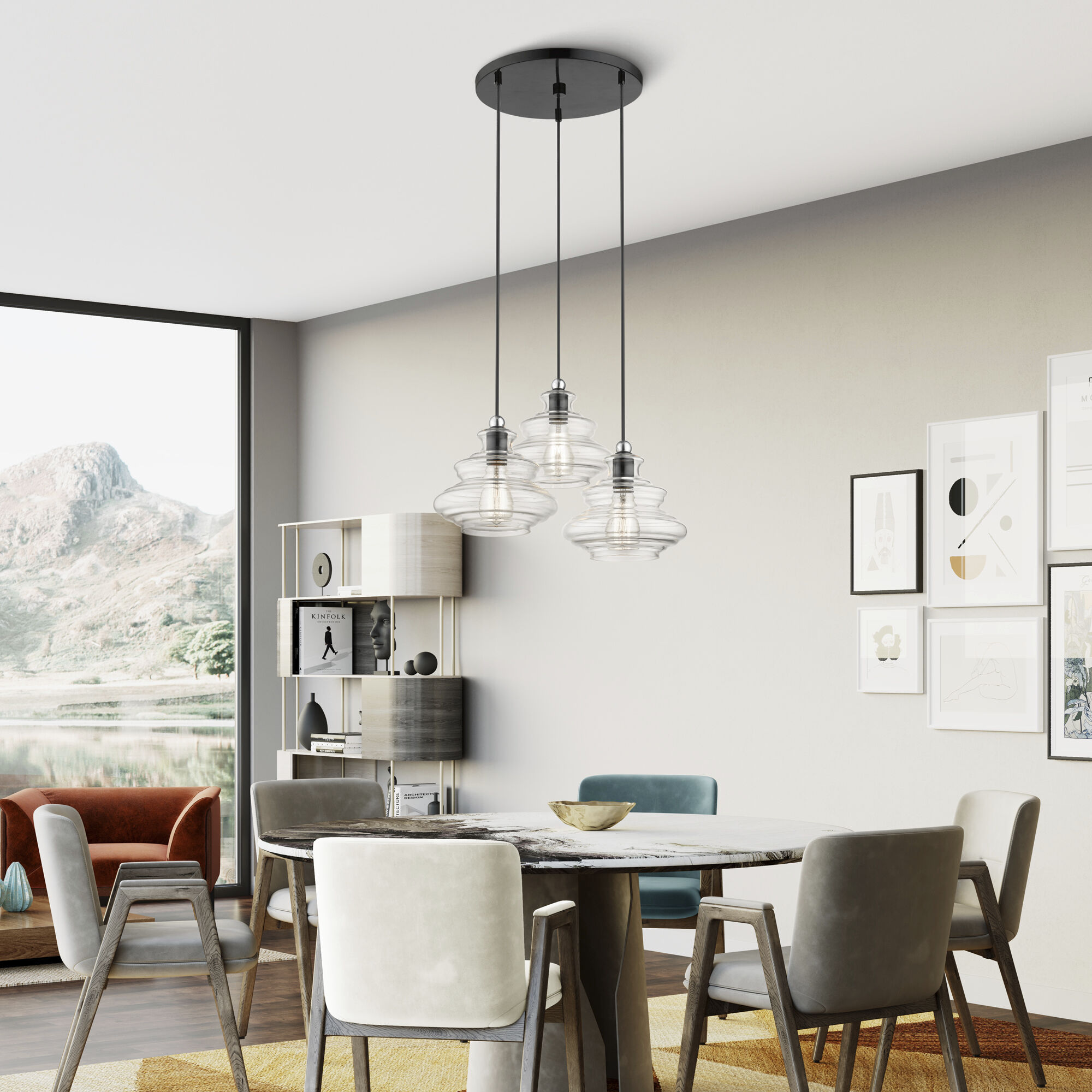 Everett 3 Light 20 inch Shiny Black with Chrome Finish Accents Pendant Chandelier Ceiling Light