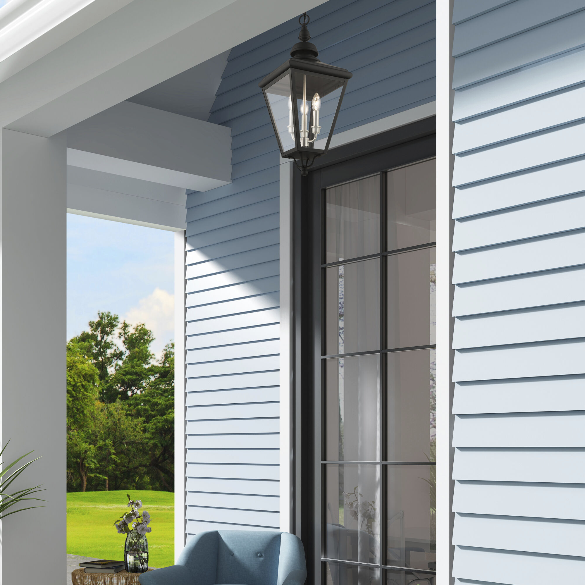 Adams 3 Light 10.63 inch Black with Brushed Nickel Finish Cluster Outdoor Large Pendant Lantern Ceiling Light in Black with Brushed Nickel Accent