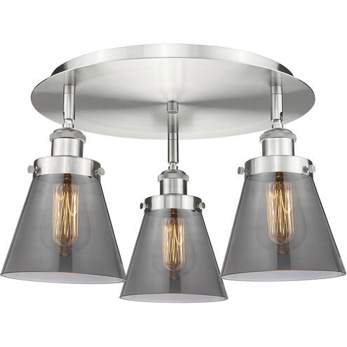 Cone 3 Light 18 inch Satin Nickel Flush Mount Ceiling Light in Plated Smoke