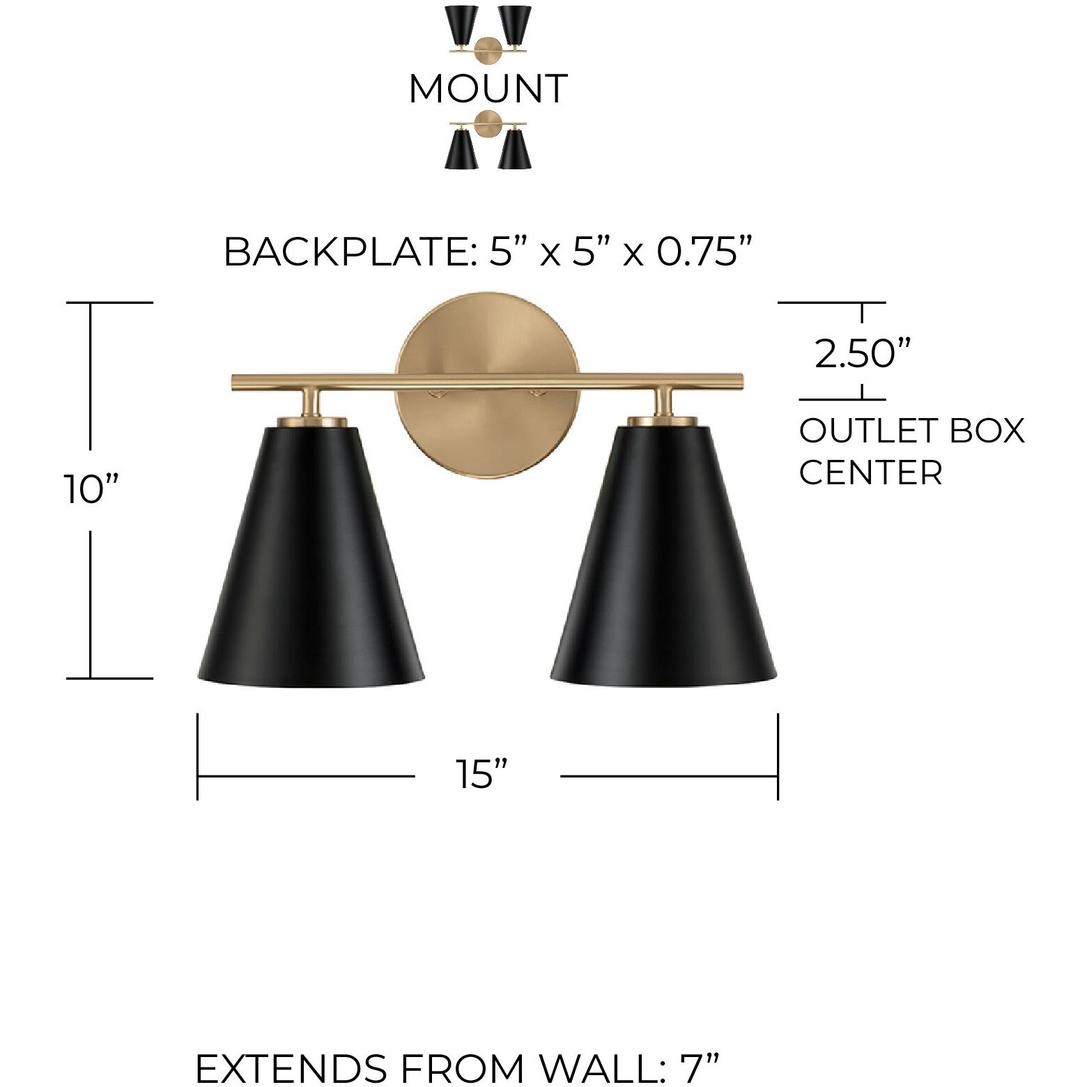 Charlie 2 Light 15 inch Matte Brass Vanity Light Wall Light in Matte Black with White Interior
