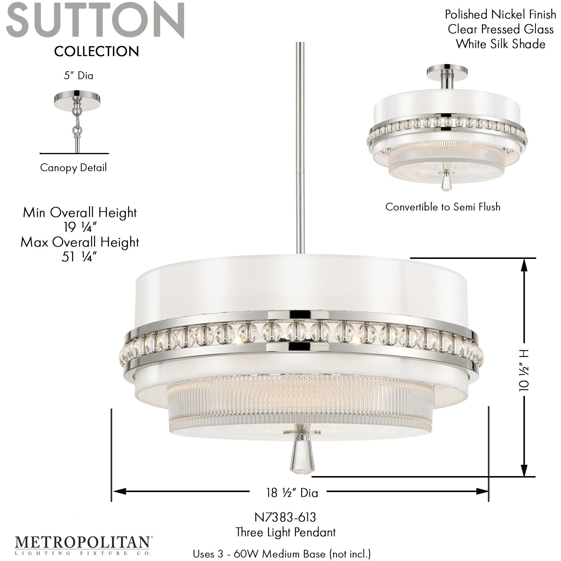 Sutton 3 Light 18.38 inch Polished Nickel Semi Flush And Pendant Ceiling Light