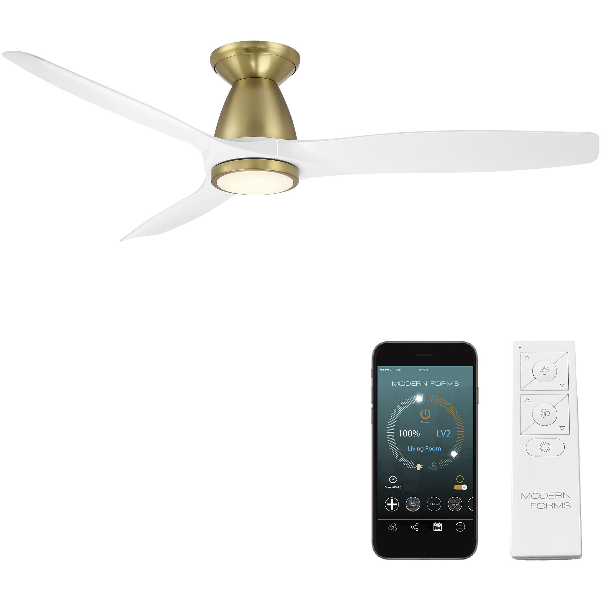 Skylark 54 inch Soft Brass Matte White with Matte White Blades Flush Mount Ceiling Fan in 3500K, Soft Brass and Matte White