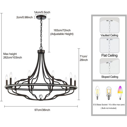 Tuscan 10 Light 38 inch Dark Bronze Chandelier Ceiling Light, Converts to Semi Flush