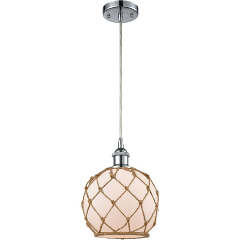 Ballston Farmhouse Rope 1 Light 8 inch Polished Chrome Mini Pendant Ceiling Light in White Glass with Brown Rope, Ballston