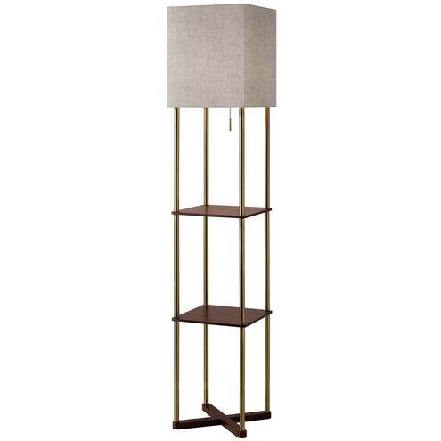 Harrison 62 inch 150.00 watt Antique Brass and Walnut Wood Paper Veneer Shelf Floor Lamp Portable Light, with 2 USB Ports