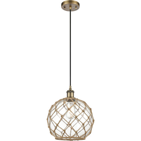 Ballston Large Farmhouse Rope 1 Light 10 inch Brushed Brass Mini Pendant Ceiling Light in Clear Glass with Brown Rope, Ballston