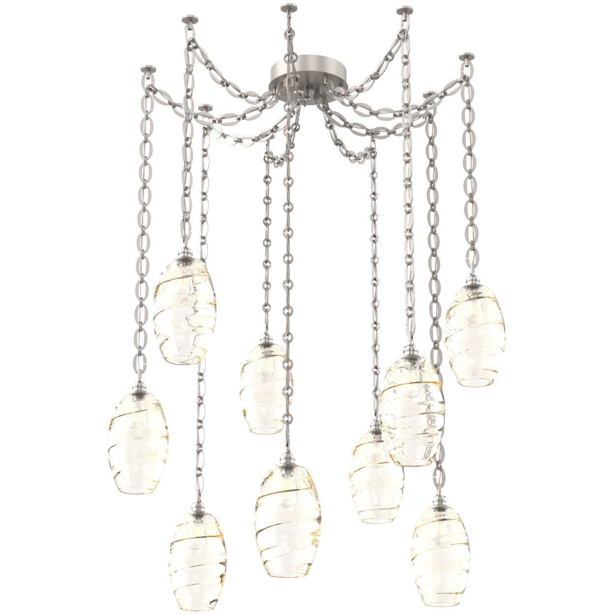 Ellisse 9 Light 15.5 inch Beige Silver Swag Multi-Pendant Ceiling Light in Optic Rib Amber, Oval Chain