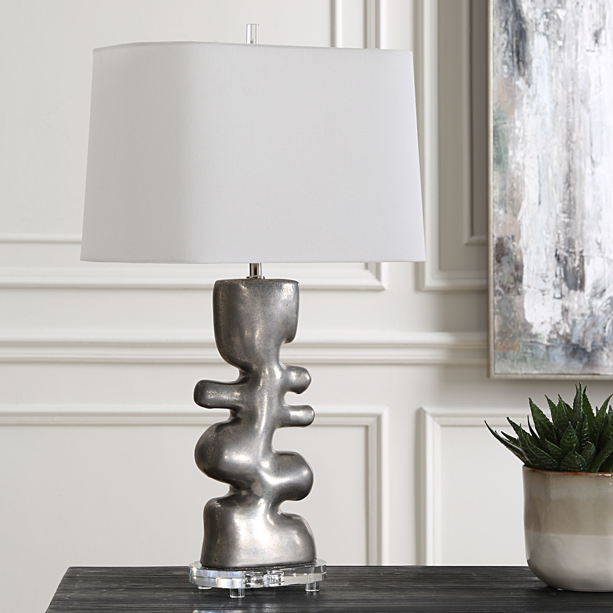 Free Flowing 28.5 inch 150.00 watt Tarnished Nickel Glaze and Clear Crystal Table Lamp Portable Light