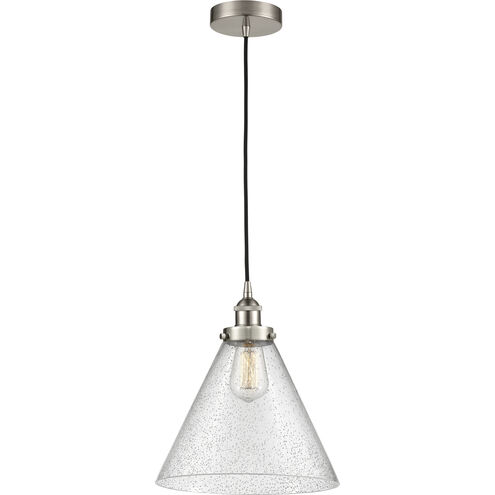 Edison Cone LED 12 inch Brushed Satin Nickel Mini Pendant Ceiling Light in Seedy Glass
