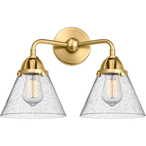 Nouveau 2 Large Cone 2 Light 16 inch Satin Gold Bath Vanity Light Wall Light in Seedy Glass