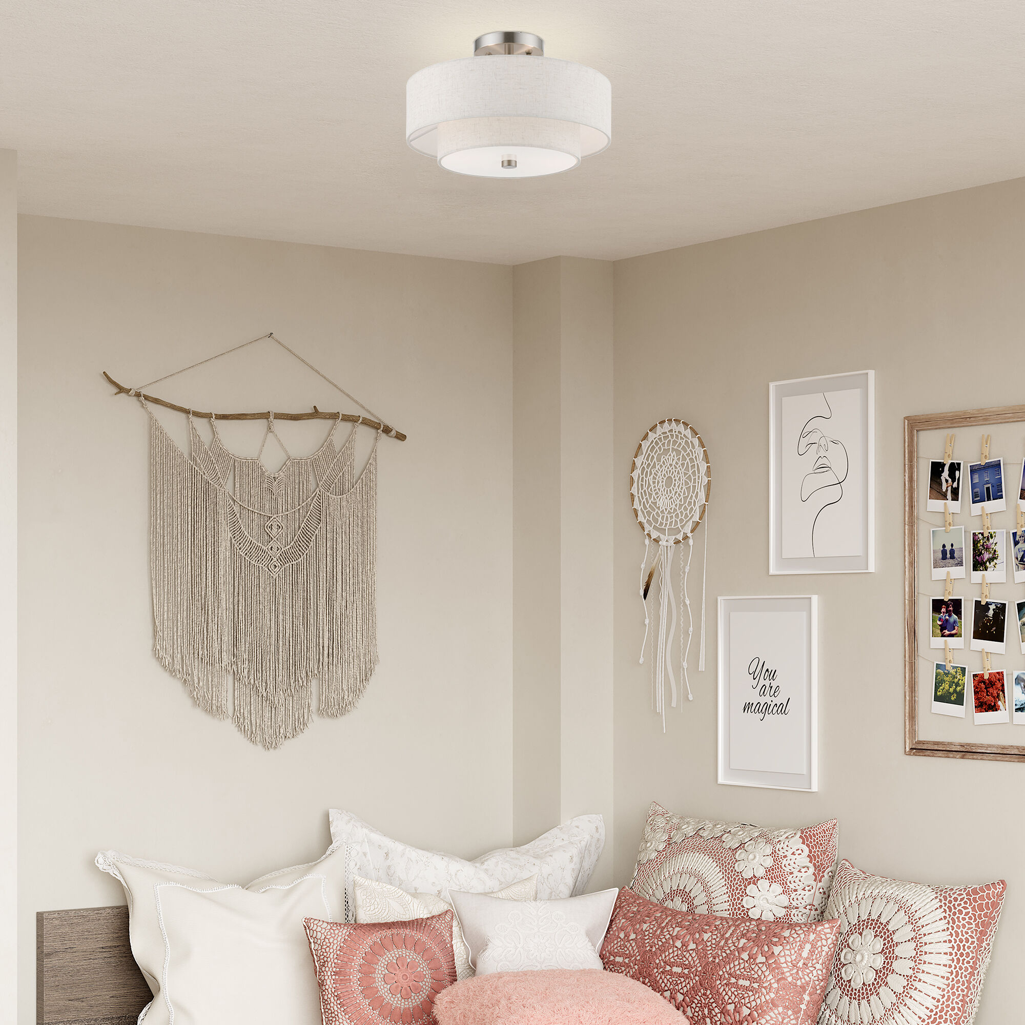 Meridian 2 Light 13 inch Brushed Nickel Semi-Flush Ceiling Light