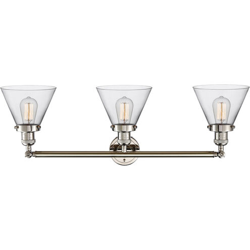 Franklin Restoration Large Cone 3 Light 32 inch Polished Nickel Bath Vanity Light Wall Light in Clear Glass, Franklin Restoration