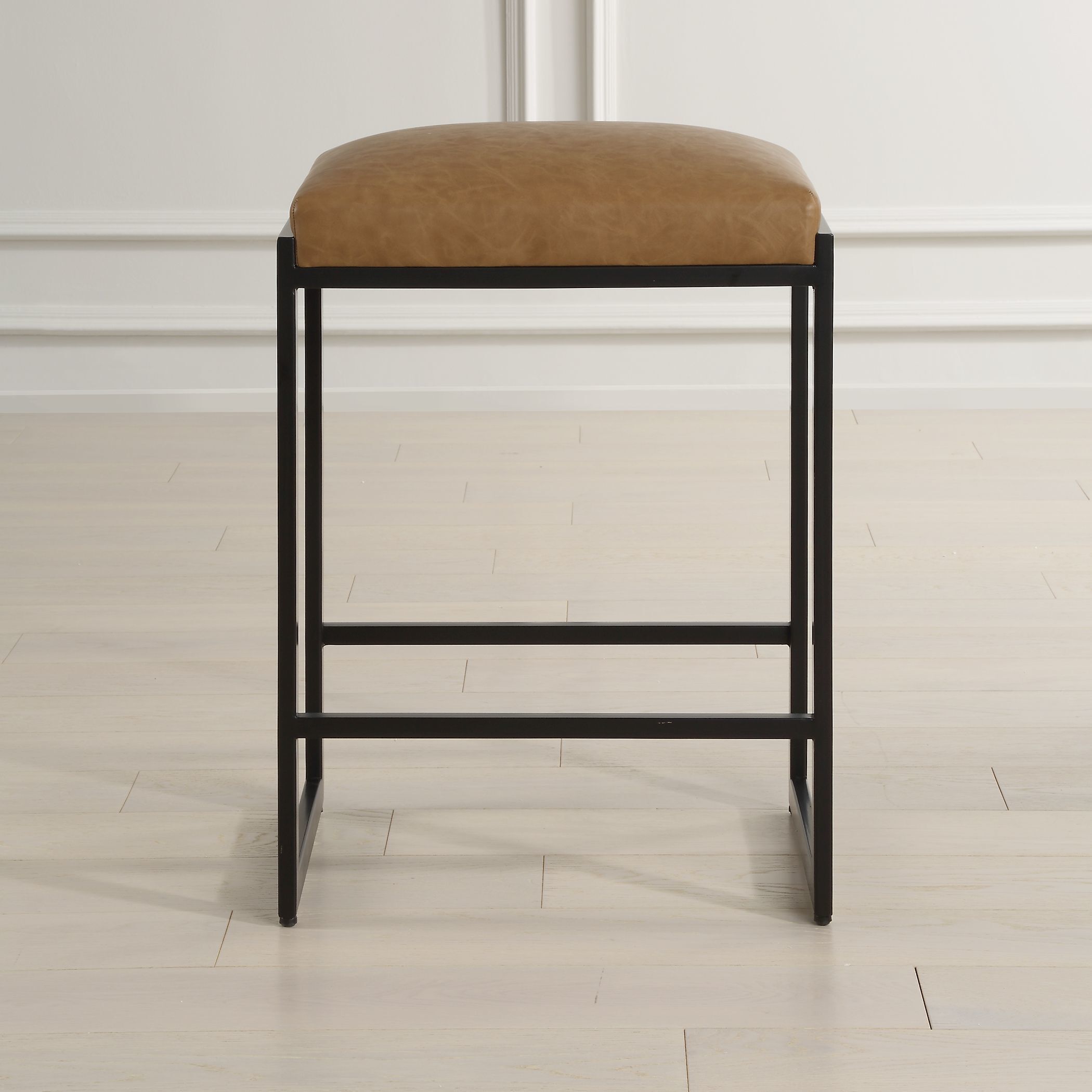 Atticus 25.75 inch Satin Black with Camel Faux Leather Counter Stool