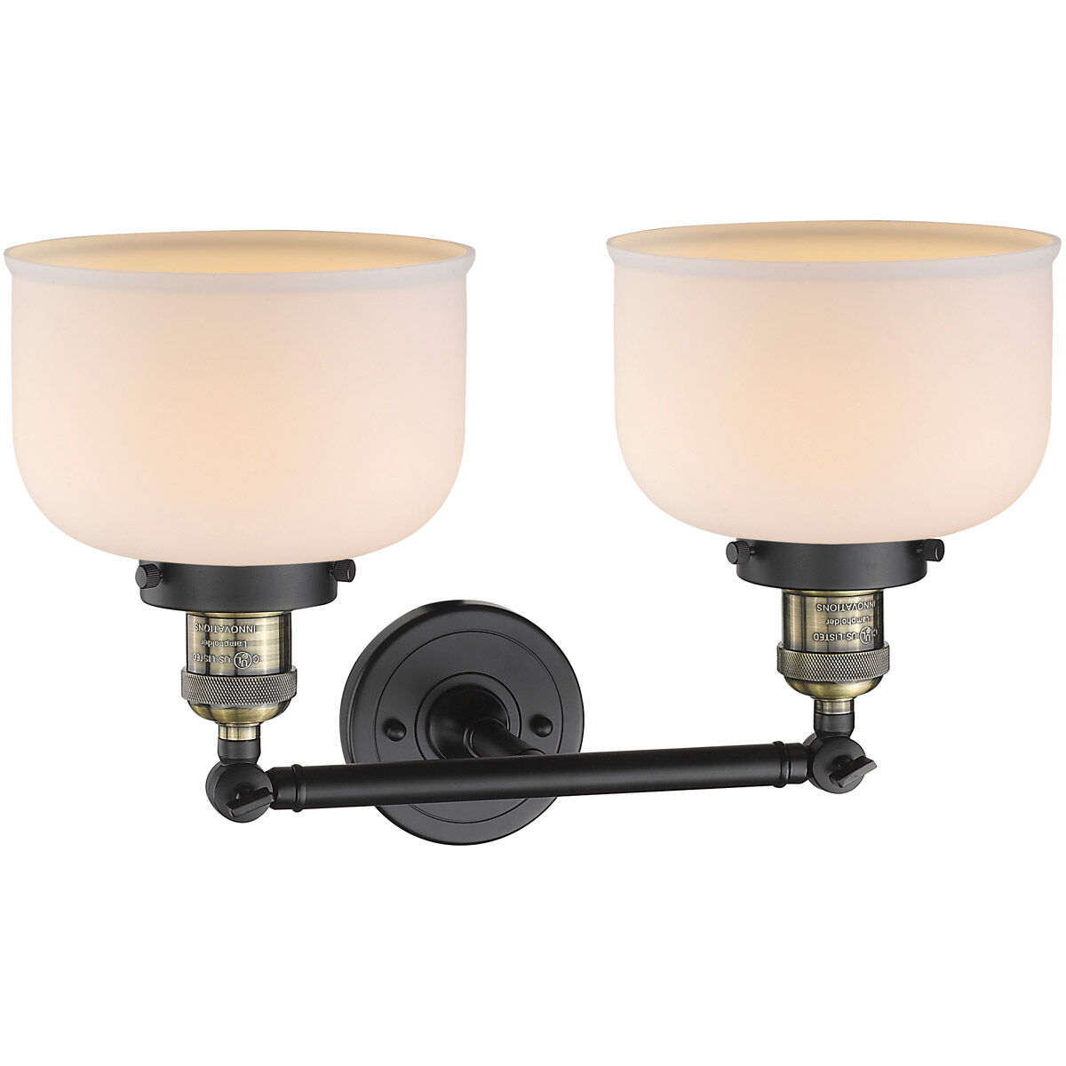 Franklin Restoration Large Bell 2 Light 19 inch Black Antique Brass Bath Vanity Light Wall Light in Matte White Glass, Franklin Restoration