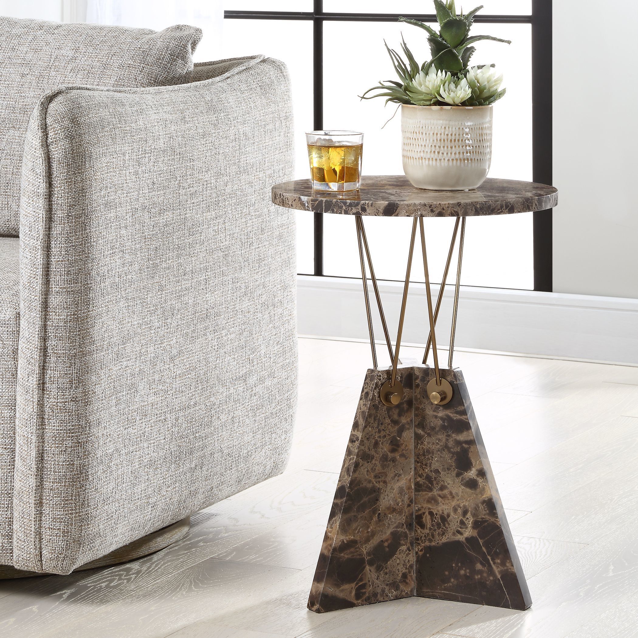 Levitate 23.25 X 16 inch Brown Marble and Brass Accent Table