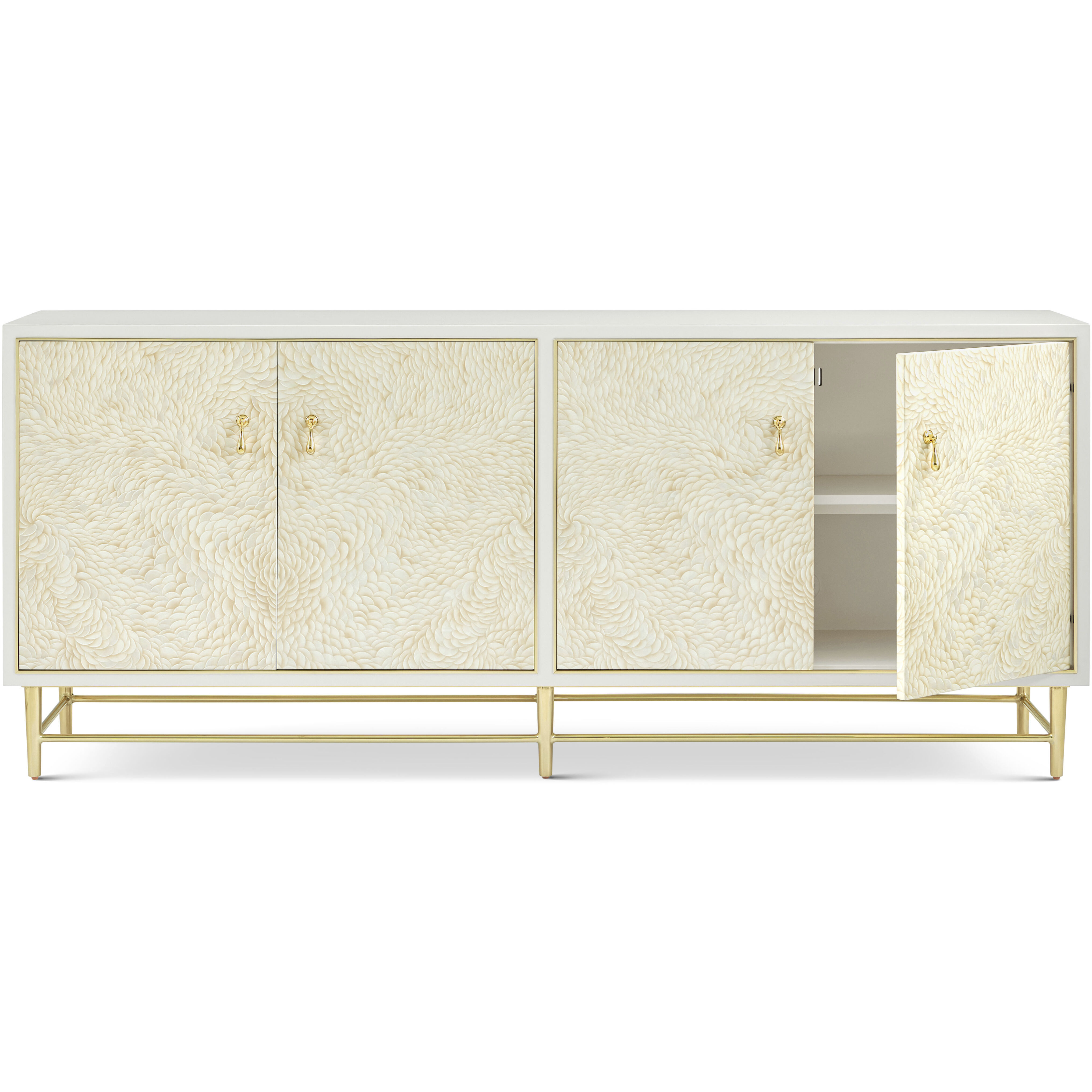 Judith Leiber Couture 80 X 19 inch Feather / Solstice / Polished Brass Credenza, Wooden, 4-Door