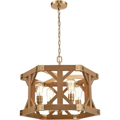 Structure 4 Light 23 inch Satin Brass with Medium Oak Chandelier Ceiling Light