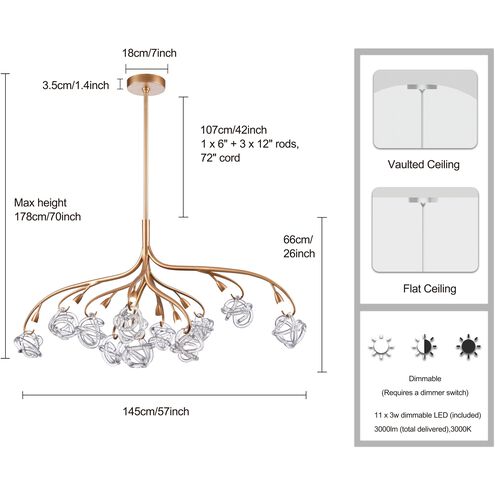 Freeform LED 57 inch Antique Gold Leaf Linear Chandelier Ceiling Light, Converts to Semi Flush