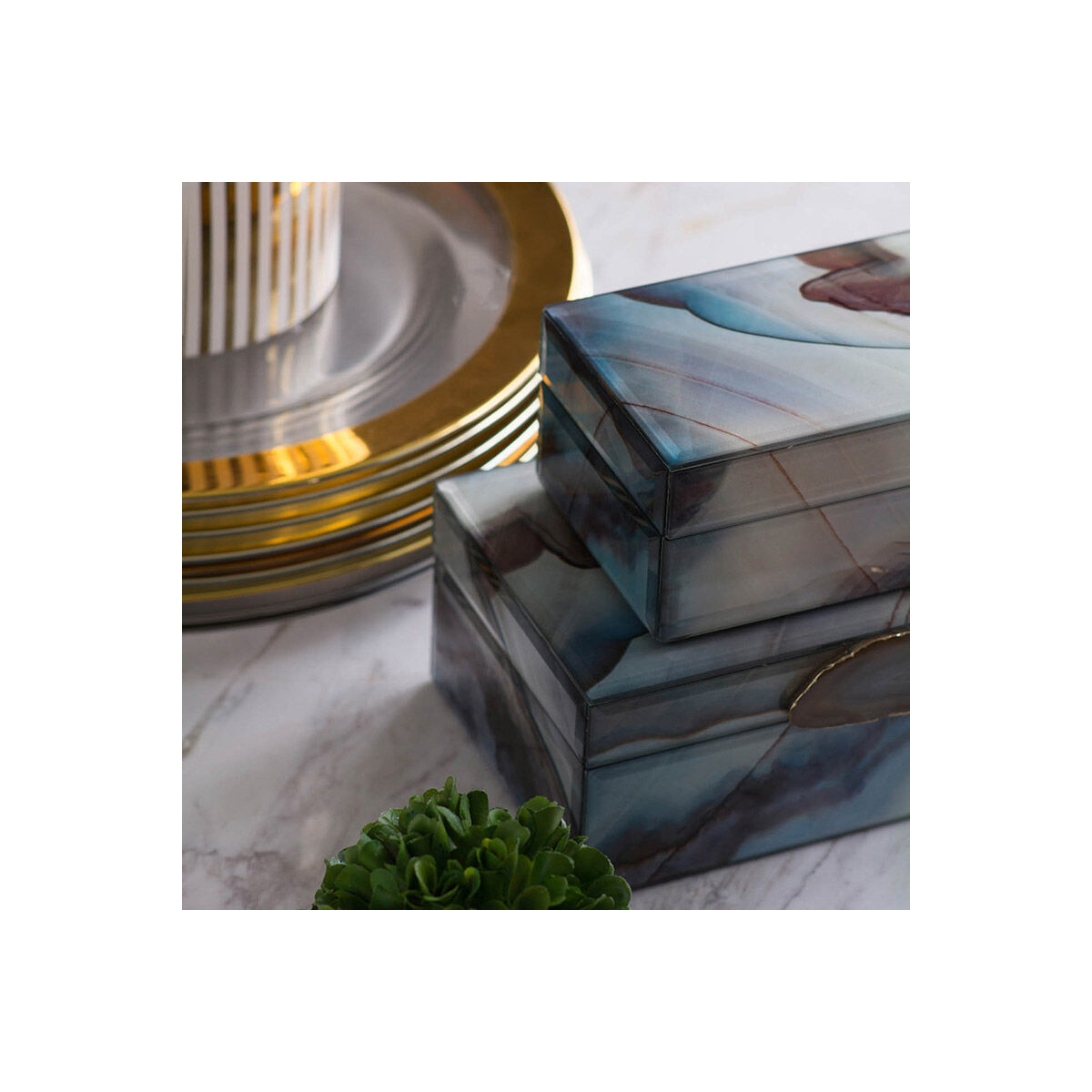 Ione 8 inch Gray and Blue Jewelry Box, Set of 2