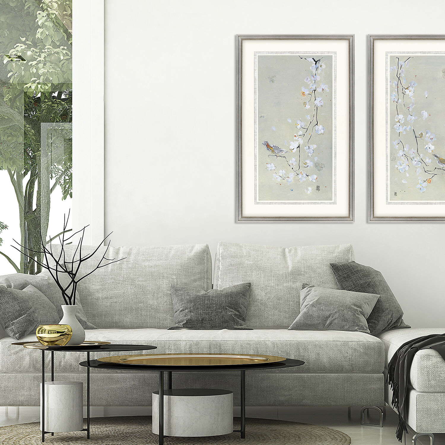 Bird Family Neutral and Green and Blue and White Framed Art