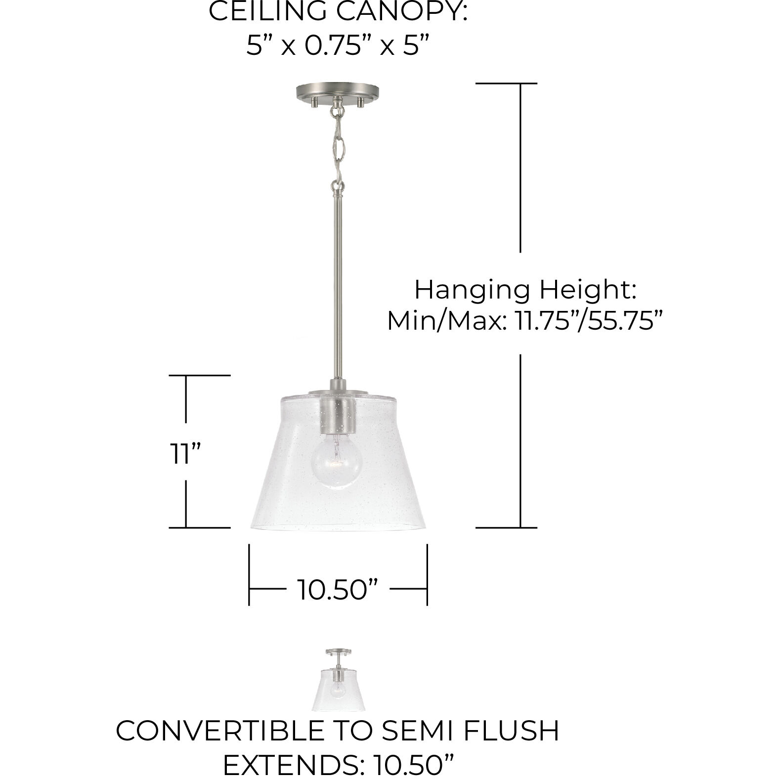 Baker 1 Light 10.5 inch Brushed Nickel Pendant Ceiling Light, Convertible Dual Mount