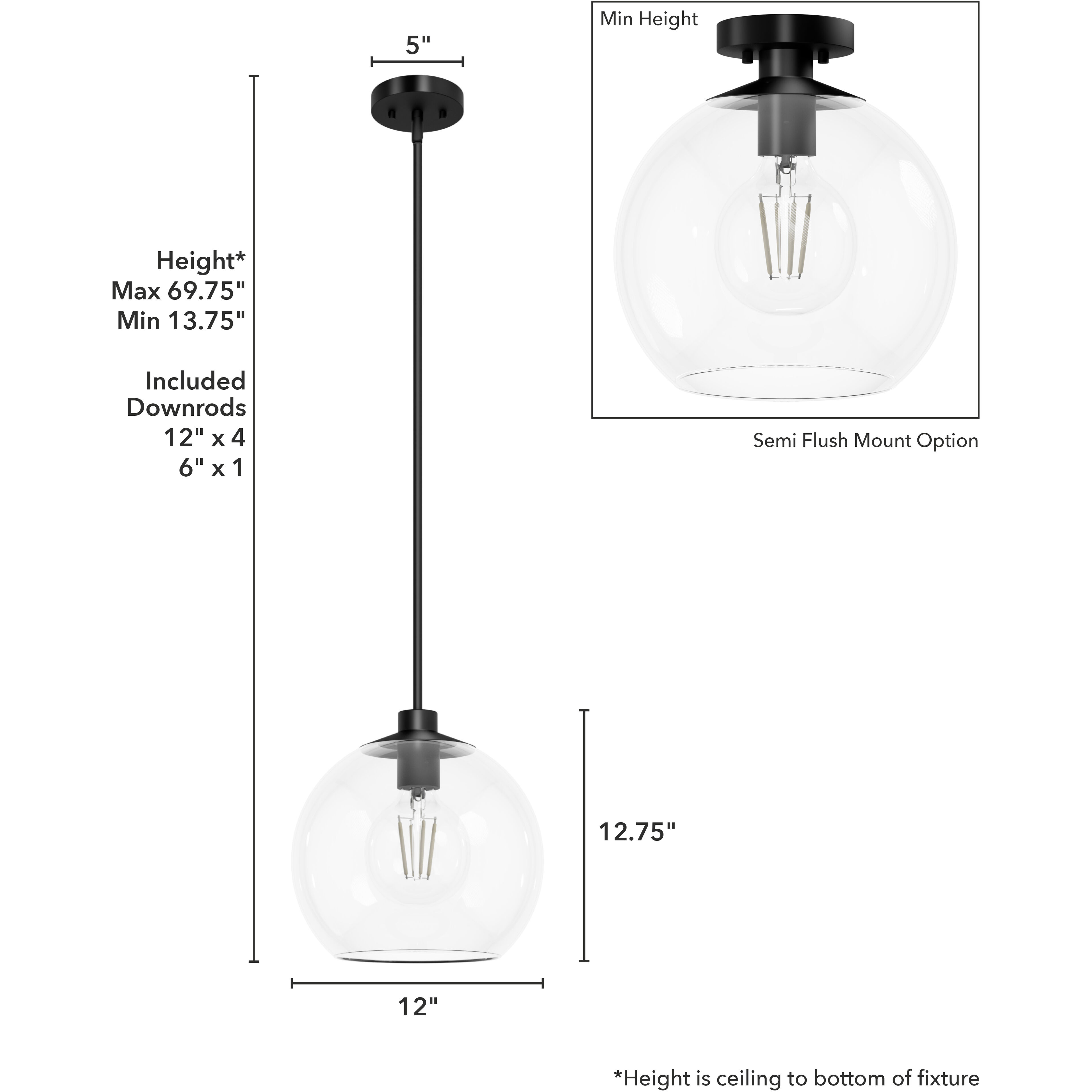 Xidane 1 Light 12 inch Matte Black Pendant Ceiling Light