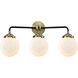 Nouveau Beacon 3 Light 24 inch Black Antique Brass Bath Vanity Light Wall Light in Matte White Glass, Nouveau