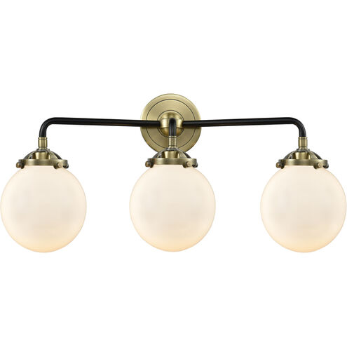 Nouveau Beacon 3 Light 24 inch Black Antique Brass Bath Vanity Light Wall Light in Matte White Glass, Nouveau