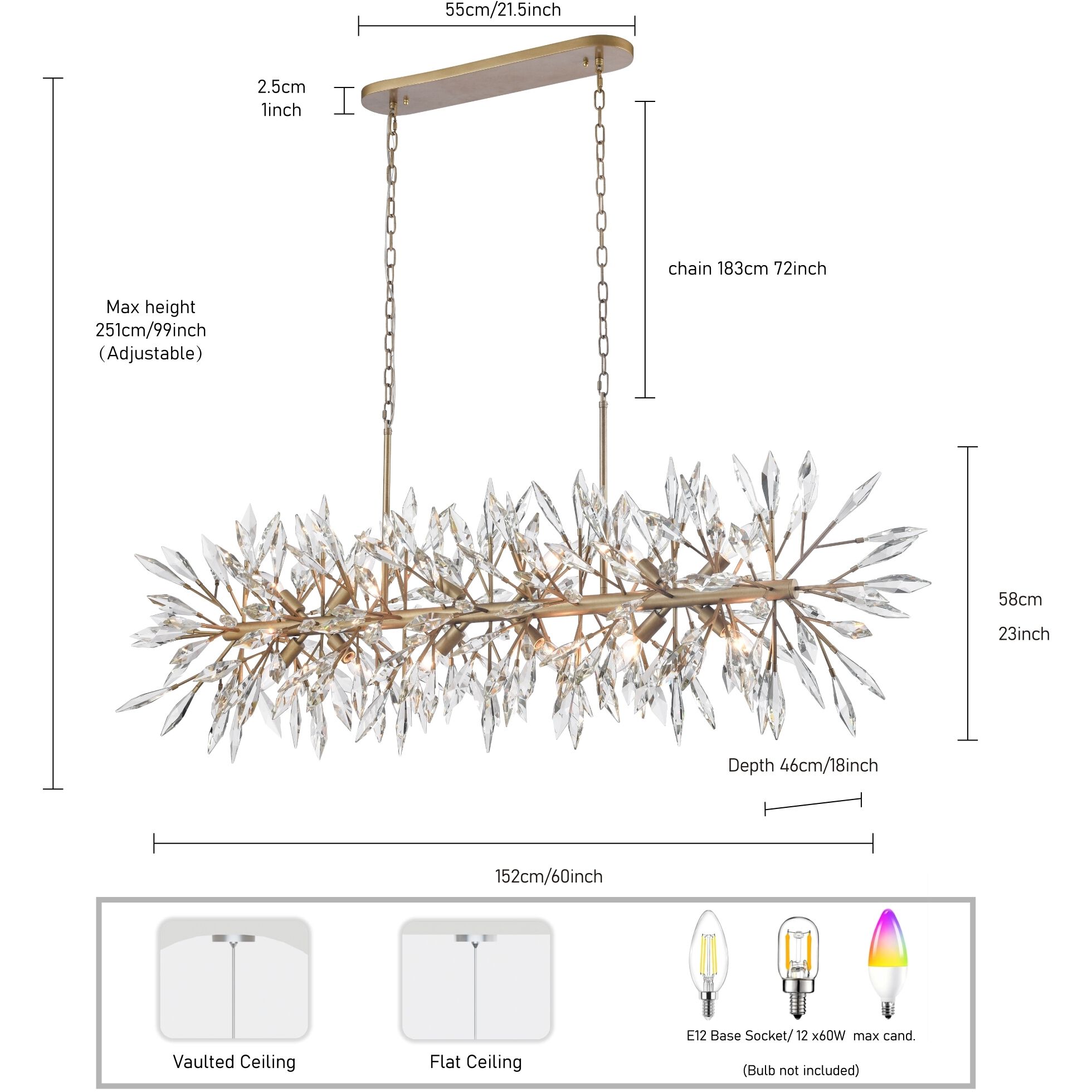Crystal Fusion 12 Light 60 inch Peruvian Gold Linear Chandelier Ceiling Light
