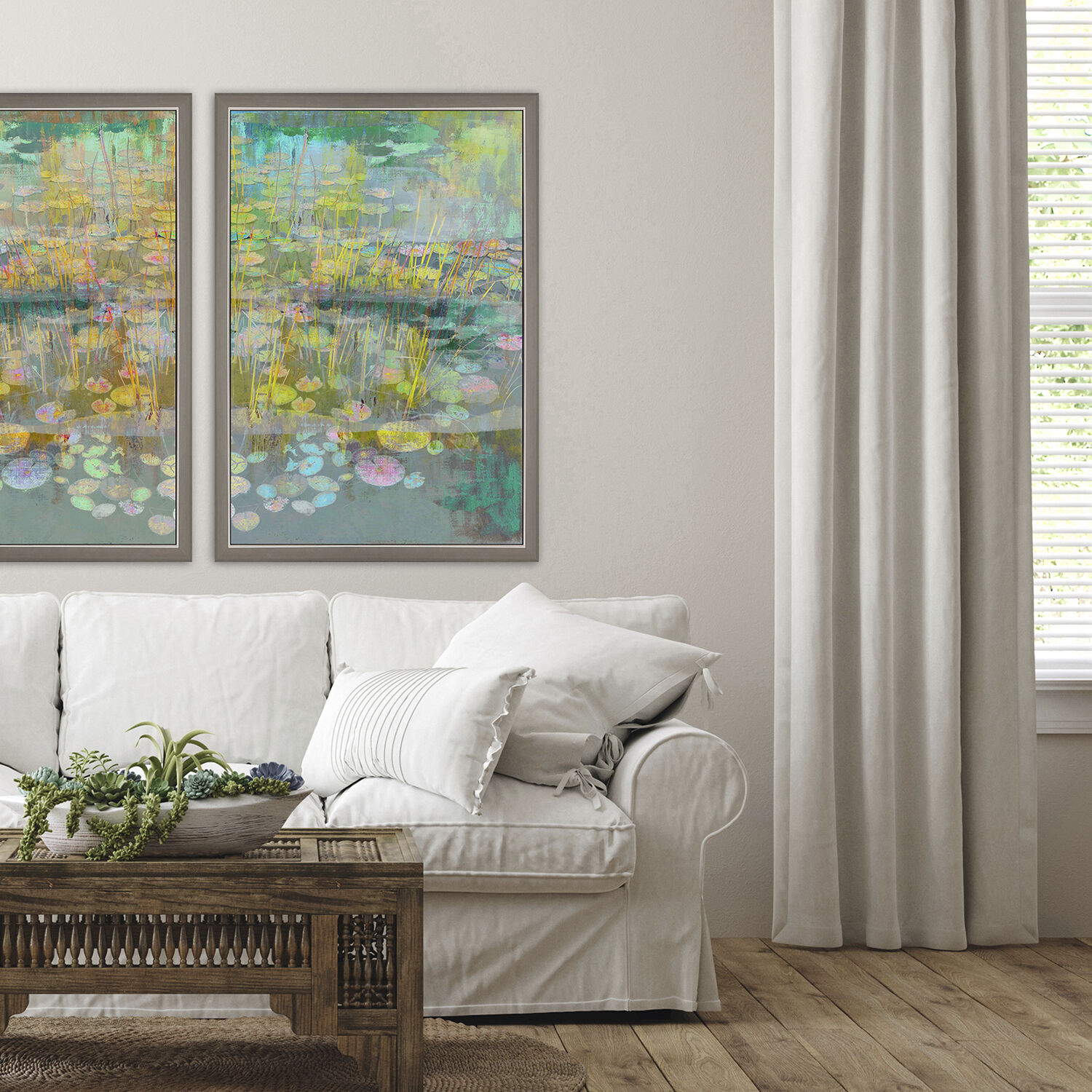 Reeds and Lilies Turquoise and Green and Pink and Multi Framed Art