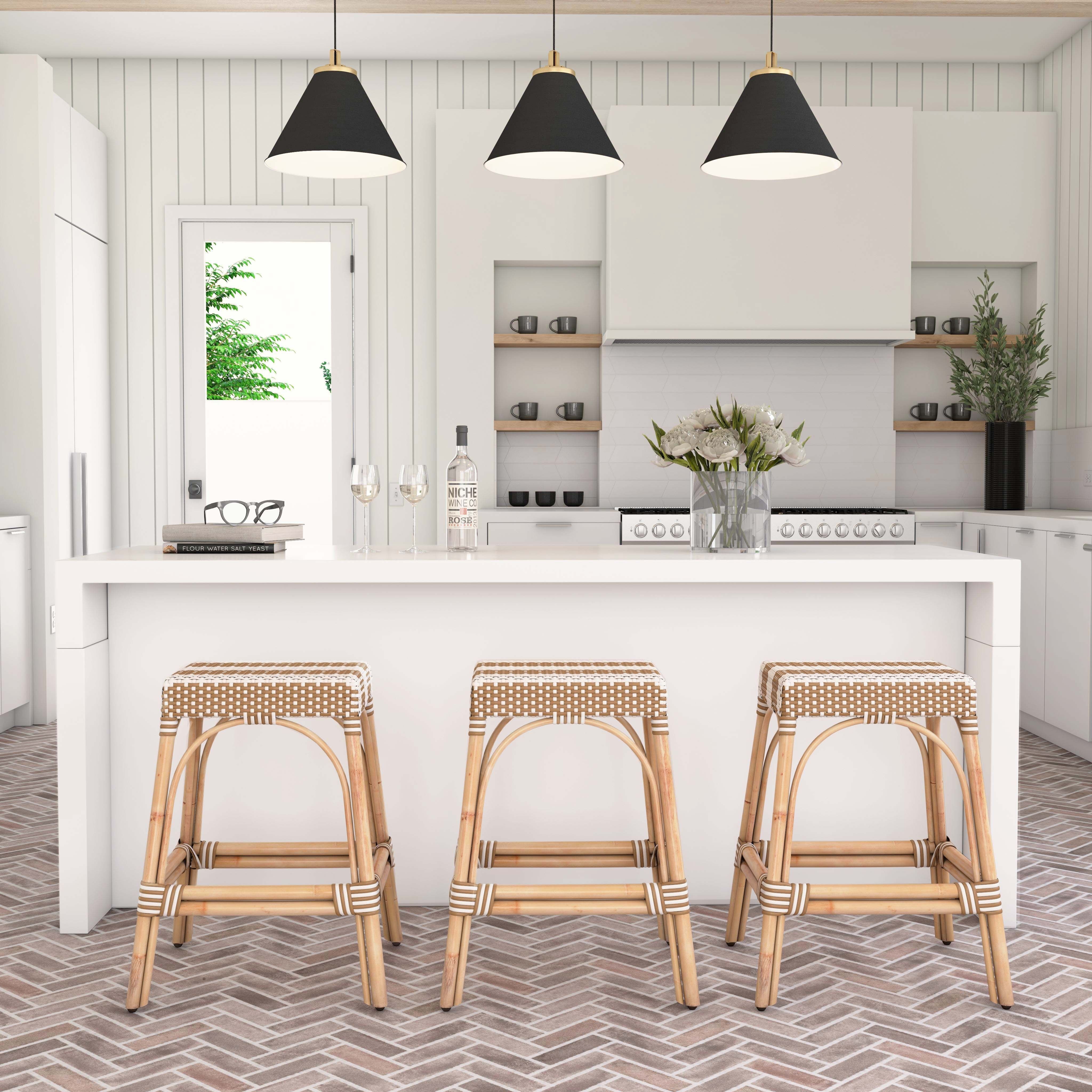 Robias Rectangular Rattan 24.5" Counter Stool in Tan and White Stripe