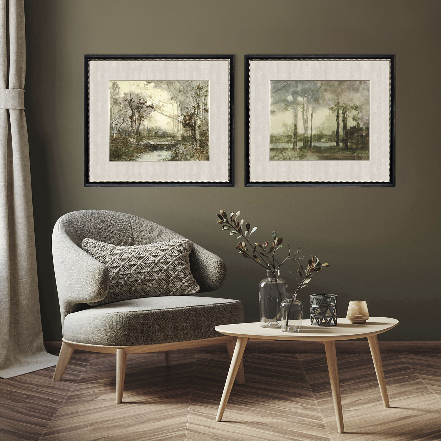 Sunset Pond Green and Beige and Brown Framed Art