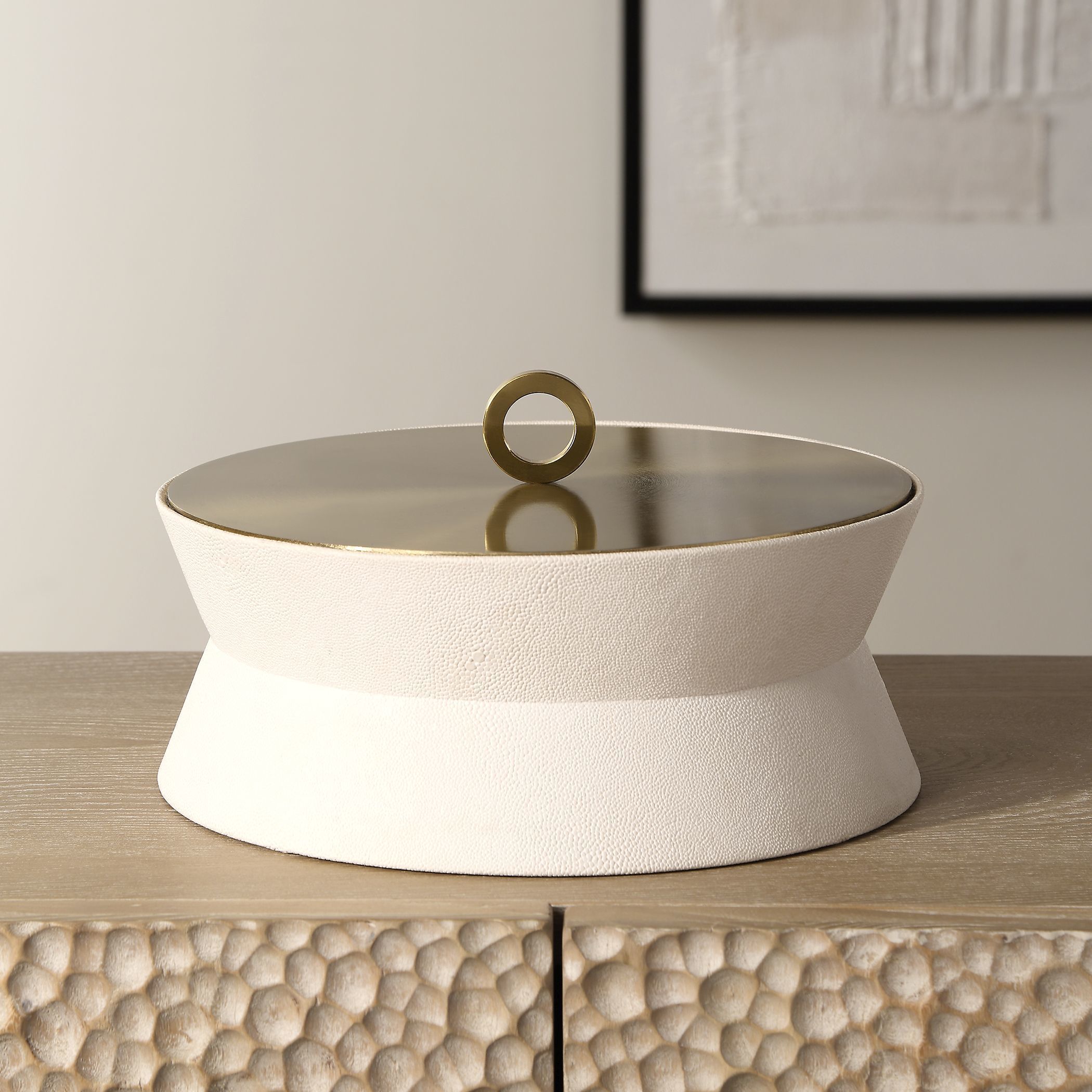 Luxe 10 inch White Faux Shagreen and Plated Brushed Brass Box