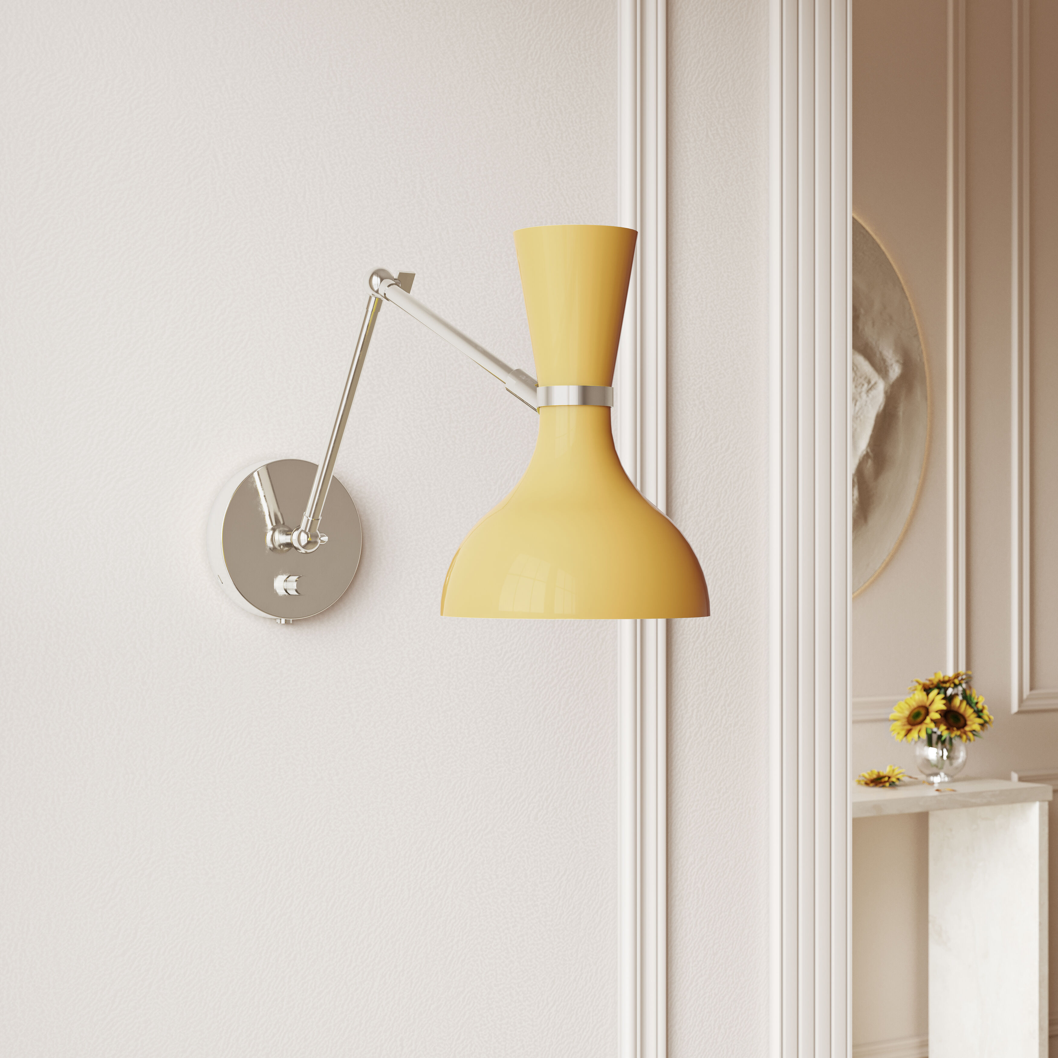 Clare Adjustable Armed Wall Sconce Wall Light in Polished Nickel, Sunset Yellow