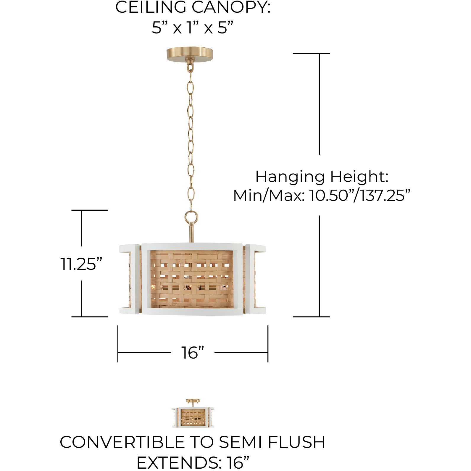 Lola 4 Light 16 inch Flat White and Matte Brass Semi-Flush Mount Ceiling Light, Convertible Dual Mount