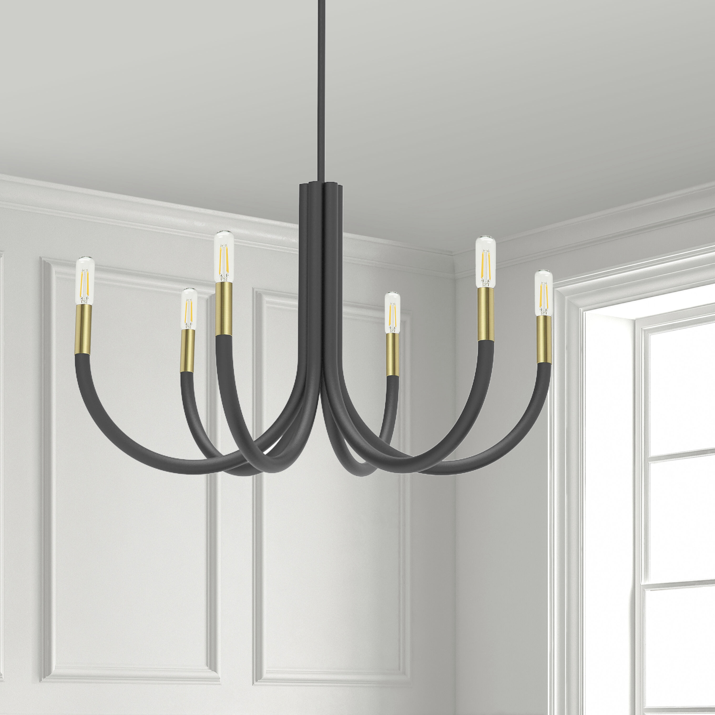 Wand 6 Light 28 inch Matte Black with Aged Brass Chandelier Ceiling Light in Matte Black and Aged Brass