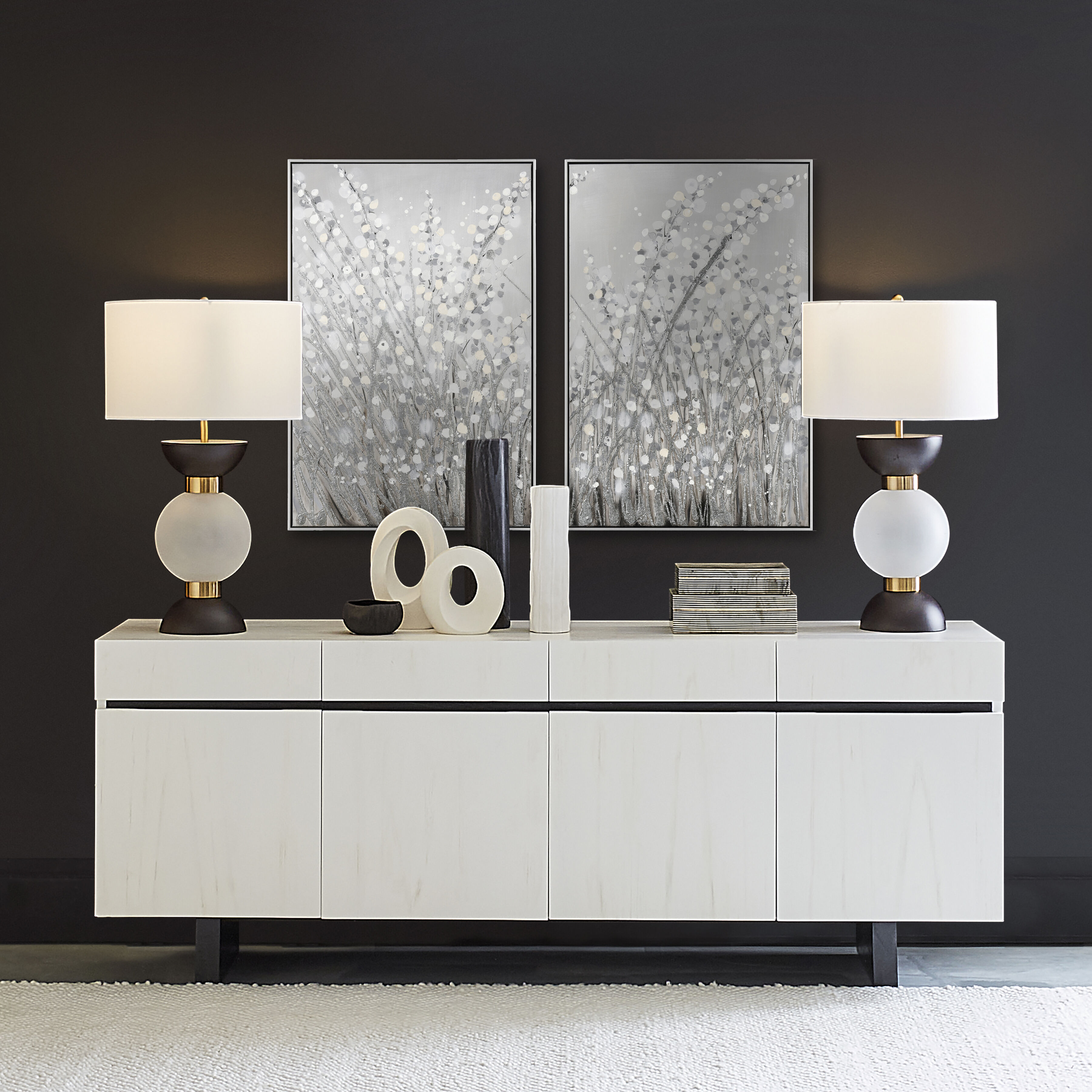 Meadow Mist Gray with White and Silver Framed Wall Art, Set of 2