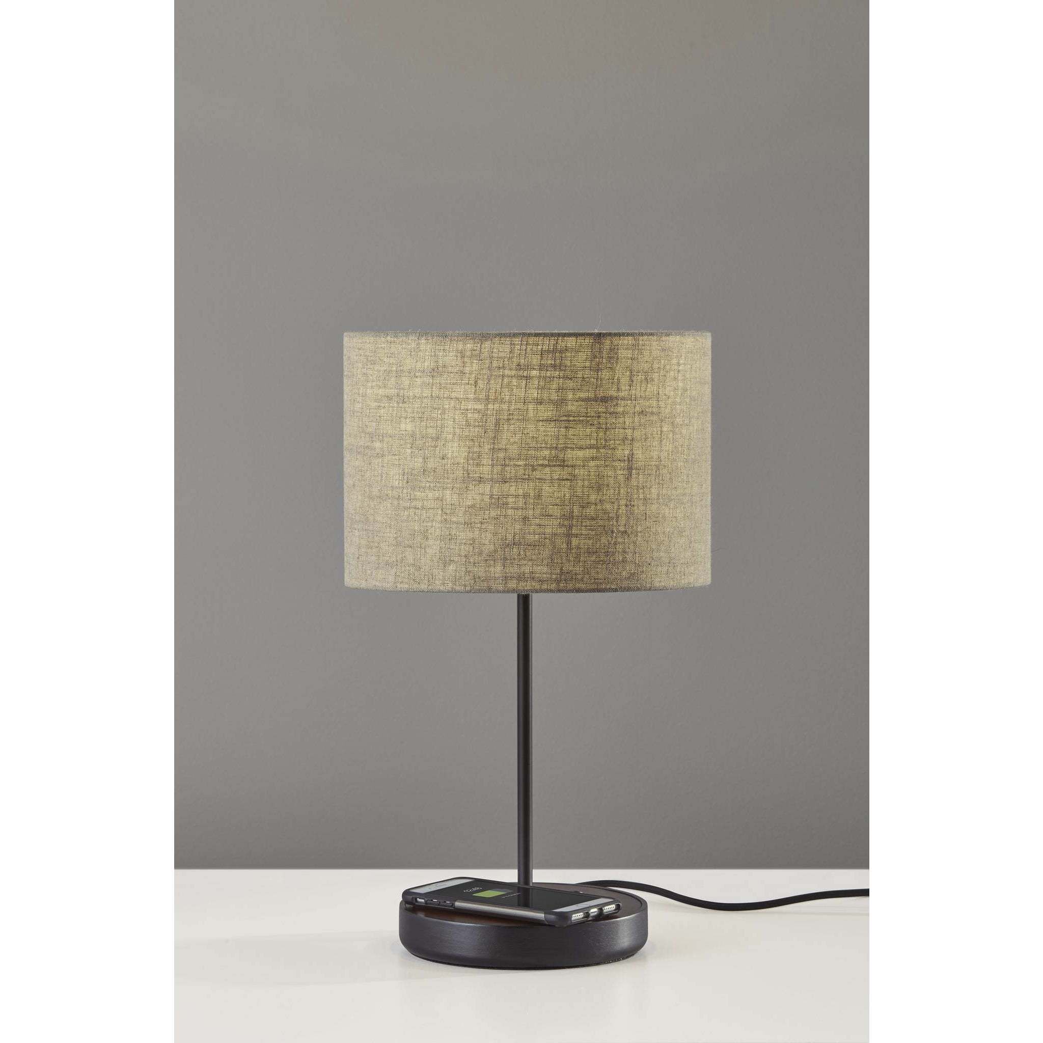 Oliver 20 inch 100.00 watt Matte Black and Walnut Poplar Wood Table Lamp Portable Light, with AdessoCharge Wireless Charging Pad and USB Port 