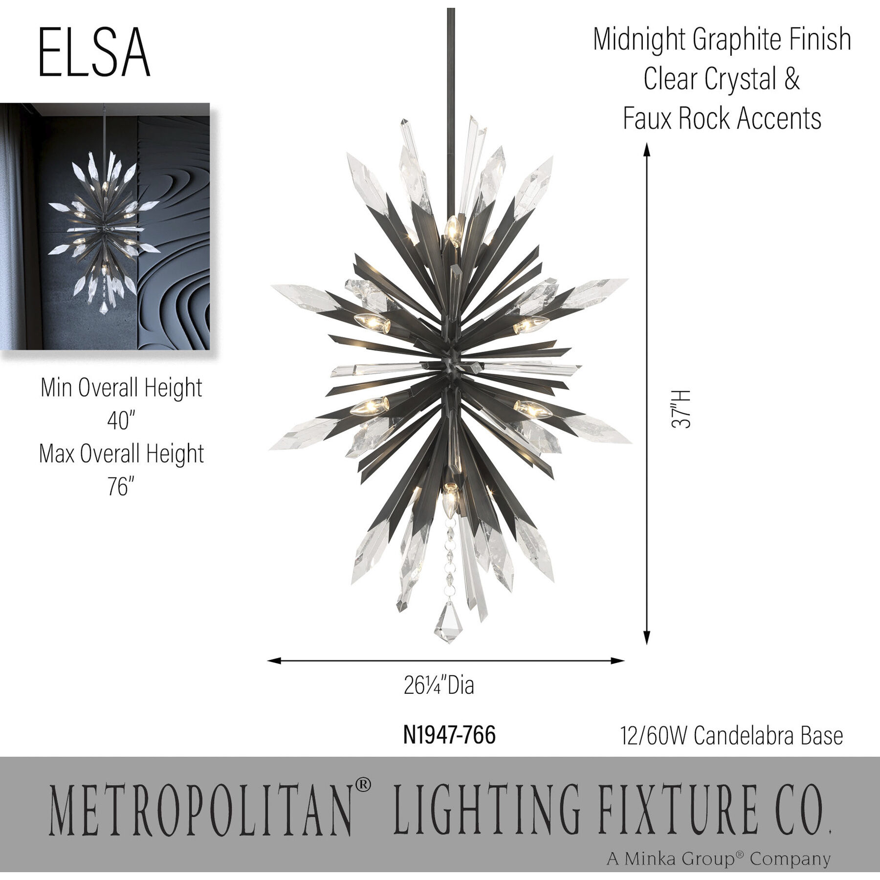 Elsa 12 Light 26.25 inch Midnight Graphite Pendant Ceiling Light